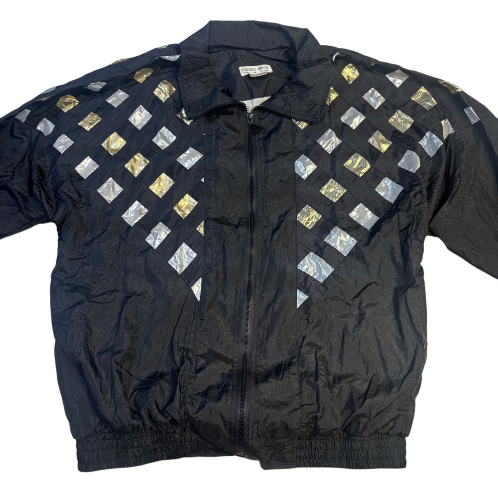 Vtg Euro Joy Black‎ Metallic Gold Silver Foil Windbreaker Jacket Womens Medium